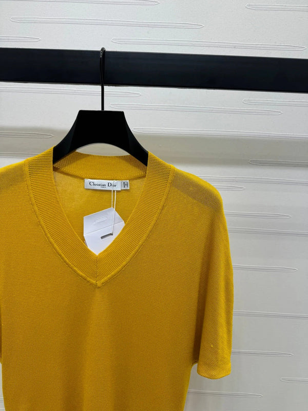 DIOR V-NECK KNITTED SHORT-SLEEVE T-SHIRT YELLOW 274935