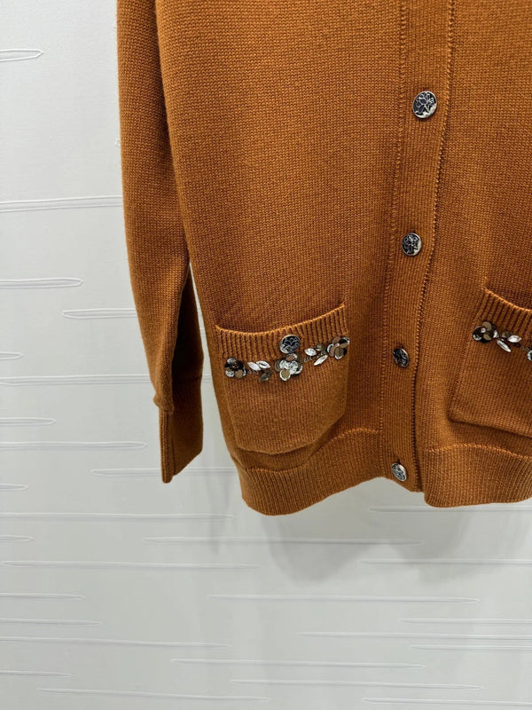 CHANEL HEAVY KNIT CARDIGAN WITH EMBELLISHED FLORAL DETAILS 274877