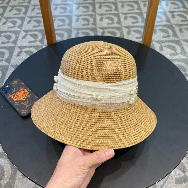 STRAW HAT BOW WITH PEARL BROWN 672697