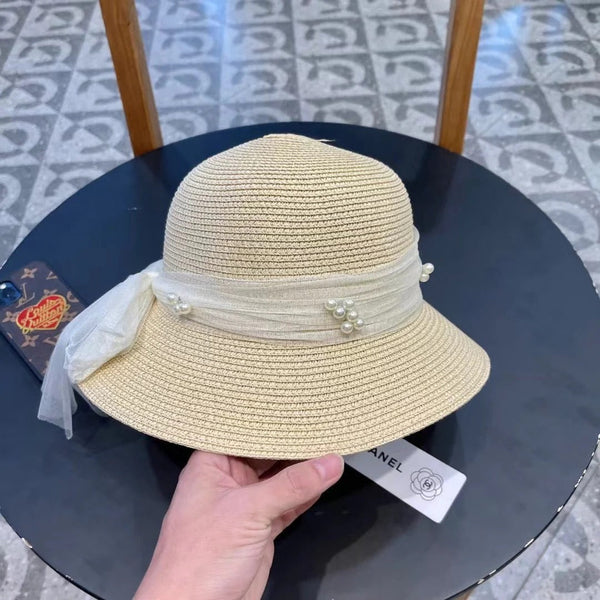 STRAW HAT BOW WITH PEARL IVORY 672698