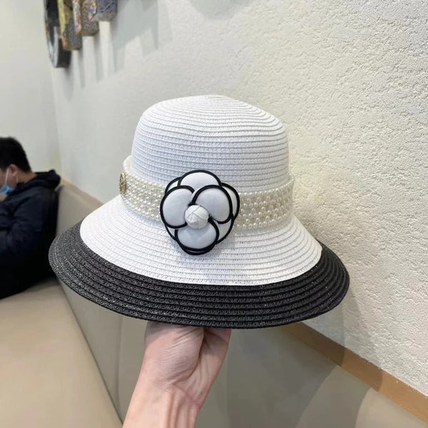 STRAW BUCKET HAT WHITE WITH PEARLS 672764