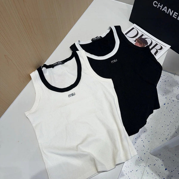 TANK TOP 615176 IN BLACK COTTON RIBBED WHITE TRIM