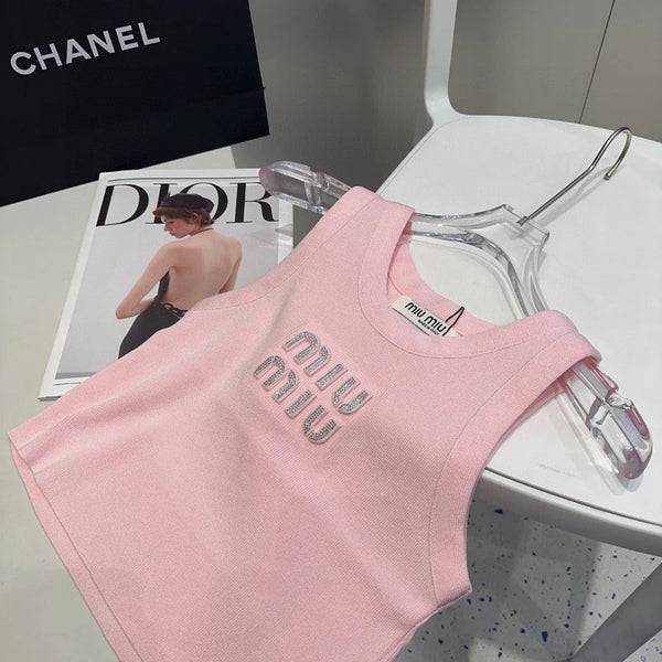 VISCOSE TANK TOP 643229 IN PINK COTTON RIBBED KNIT WITH EMBELLISHED LOGO