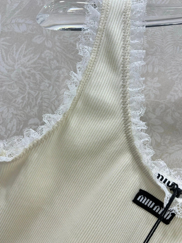 MIUMIU KNIT TANK TOP WITH RUFFLED TRIM 275104