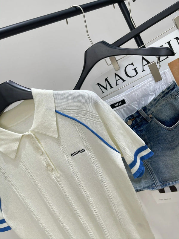 MIUMIU SHORT-SLEEVE RAGLAN POLO SHIRT IN BLUE AND WHITE 267966