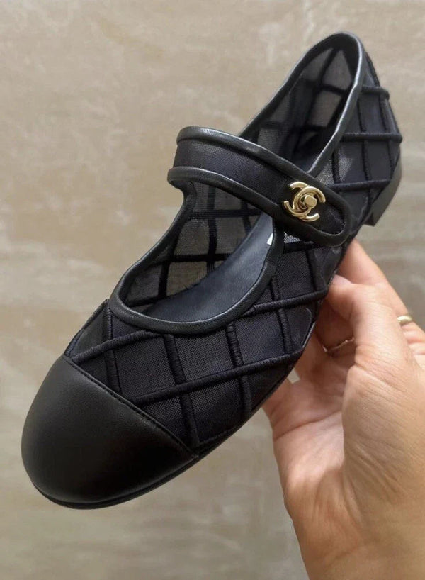 Chanel Mary Janes Flats Black Mesh Leather