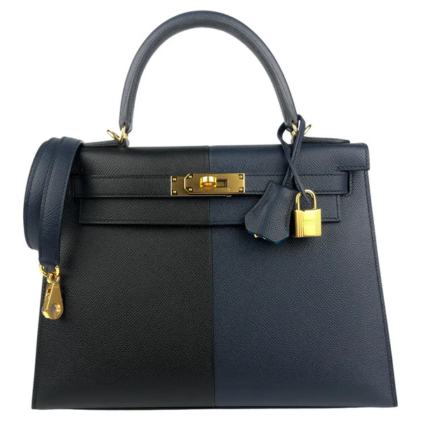 HM KELLY 32cm BLACK AND BLUE EPSOM LEATHER GOLD HARDWARE