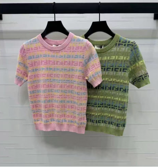 Fendi 25 Knitted Short-sleeved Top Green Pink Wool Cotton
