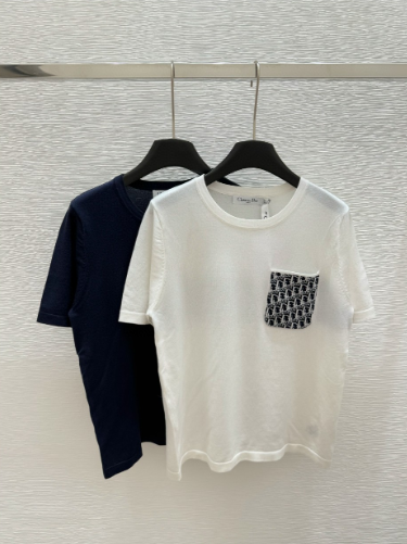 CD 25 Knitted Short-sleeved Top Blue and White Cotton
