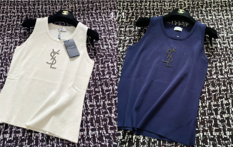 YSL 25 Knitted Logo Vest Blue and White Tencel Wool Linen