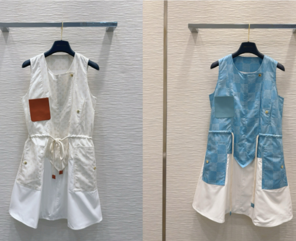 LV 25 Checkered Shirt With Pocket Dynamic Dress White Blue Polyester