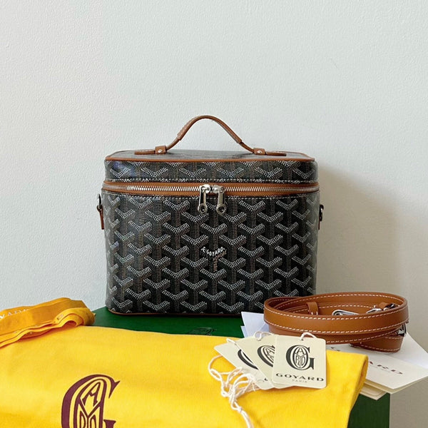 BORSA PER TRUCCO GOYA 20 CM IN TELA NERA E MARRONE CHIARO