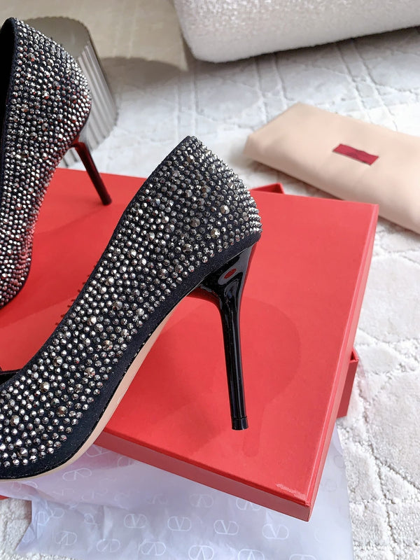 Décolleté con tacco alto e cristalli, 10 cm, nere con cristalli