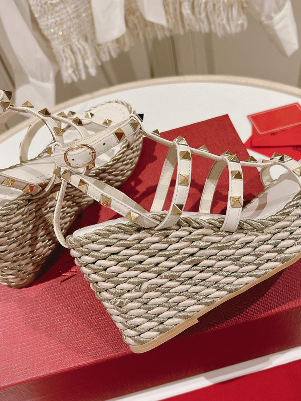 Rockstud Ankle Strap Wedge Sandal Calfskin White 10cm