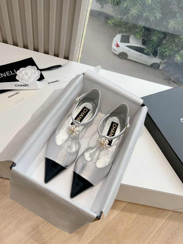 CC 25s Camellia T Strap Slingback 50mm Black Sliver Calfskin&Sheepskin 413324