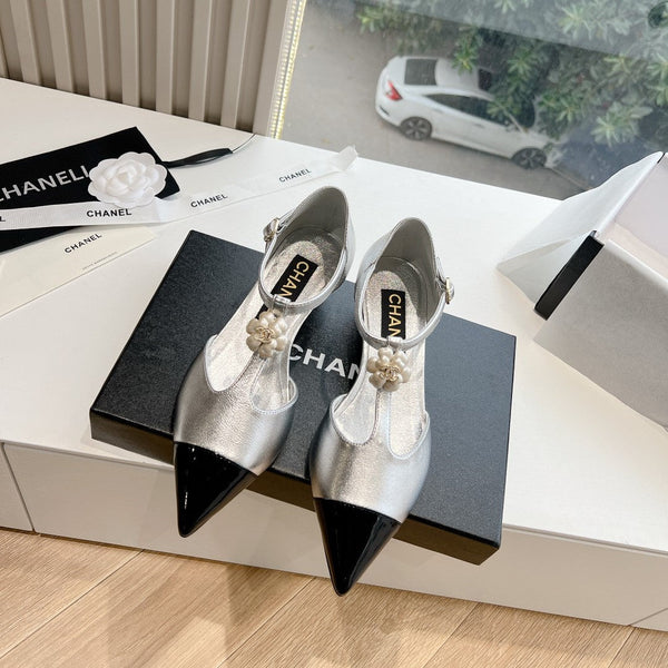 CC 25s Camellia T Strap Slingback 50mm Black Sliver Calfskin&Sheepskin 413324