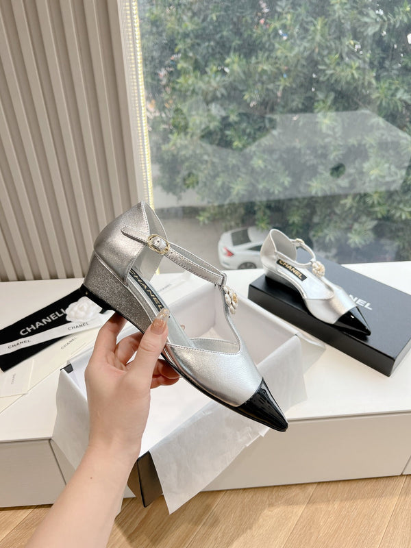 CC 25s Camellia T Strap Slingback 50mm Black Sliver Calfskin&Sheepskin 413324