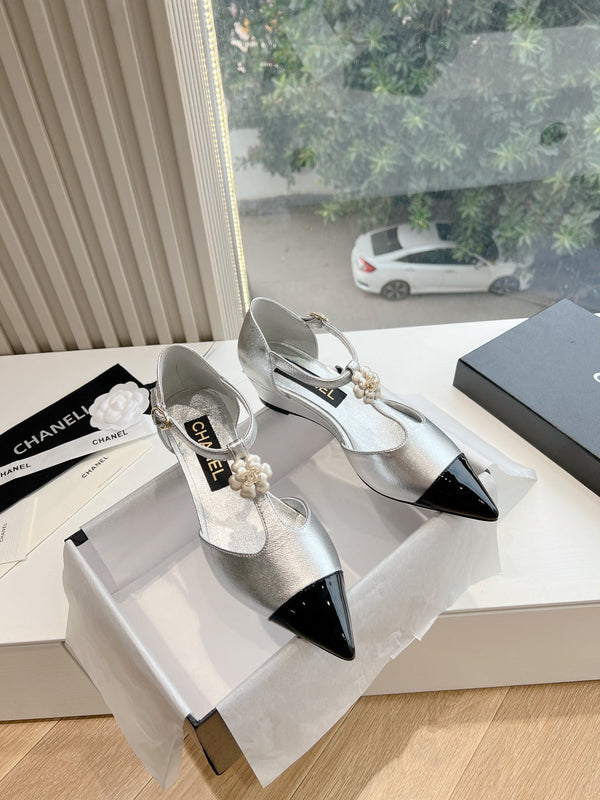 CC 25s Camellia T Strap Slingback 50mm Black Sliver Calfskin&Sheepskin 413324