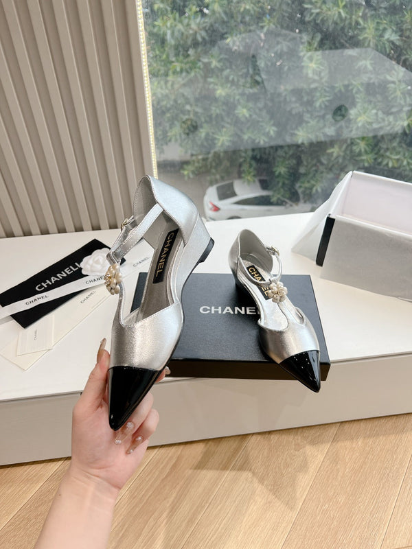 CC 25s Camellia T Strap Slingback 50mm Black Sliver Calfskin&Sheepskin 413324