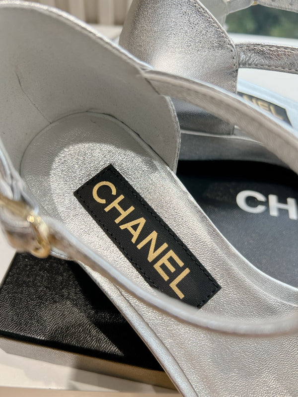 CC 25s Camellia T Strap Slingback 50mm Black Sliver Calfskin&Sheepskin 413324