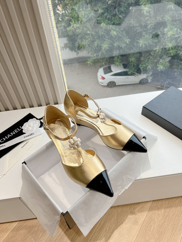 CC 25s Camellia T Strap Slingback 50mm Black Gold Calfskin&Sheepskin 413325