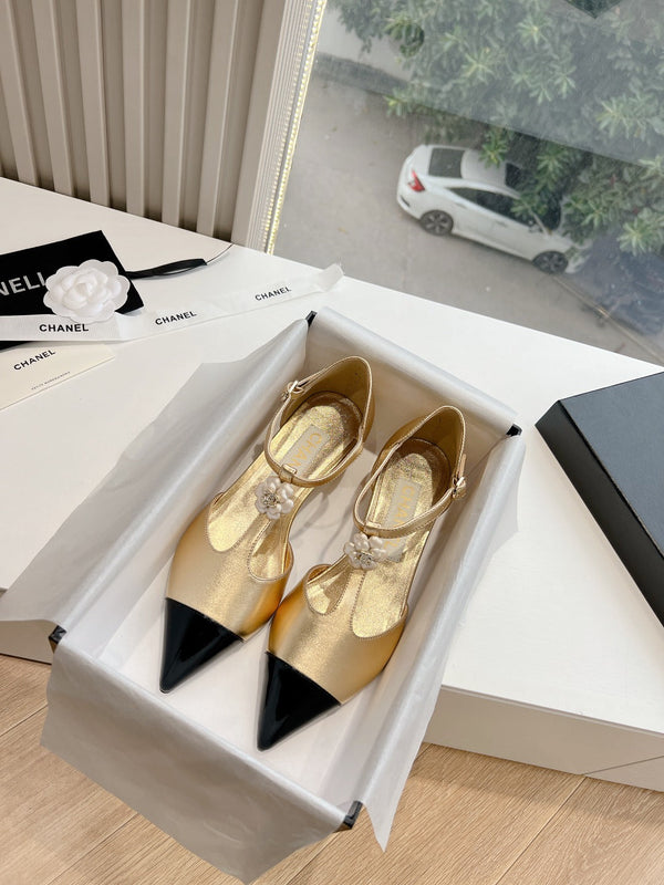 CC 25s Camellia T Strap Slingback 50mm Black Gold Calfskin&Sheepskin 413325