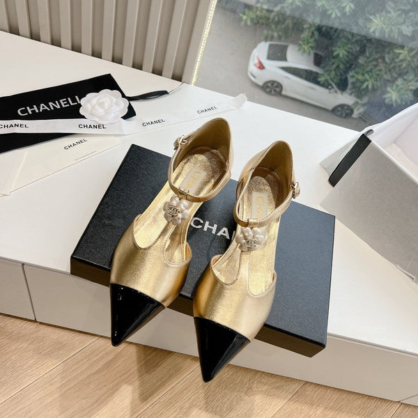 CC 25s Camellia T Strap Slingback 50mm Black Gold Calfskin&Sheepskin 413325