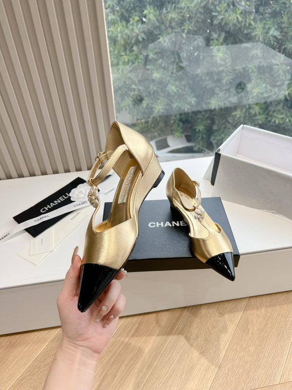 CC 25s Camellia T Strap Slingback 50mm Black Gold Calfskin&Sheepskin 413325