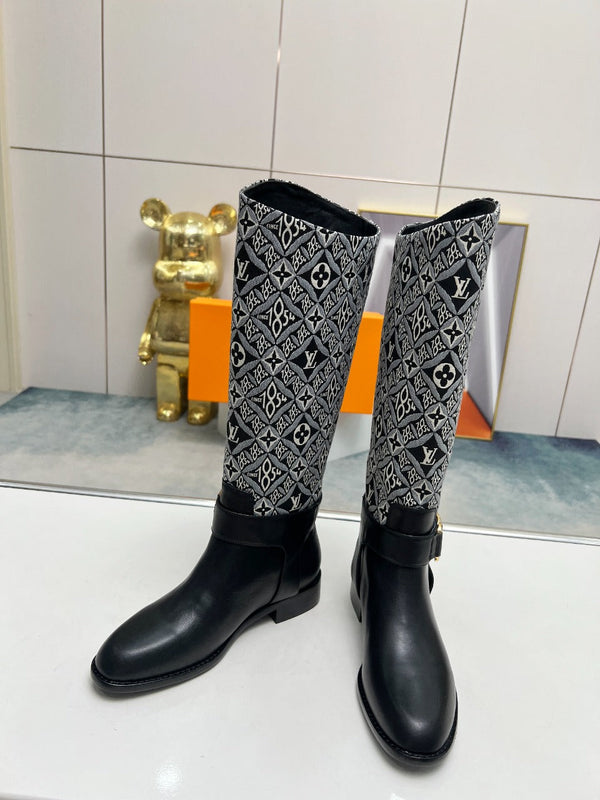 LV Westside Flat High Boot 40mm Black Mix White Monogram Lambskin