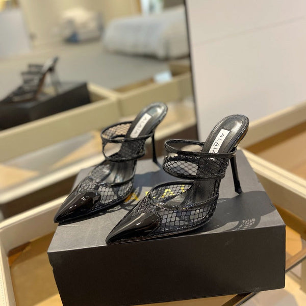 alaia mule 110 fishnet cuore nero pelle di agnello