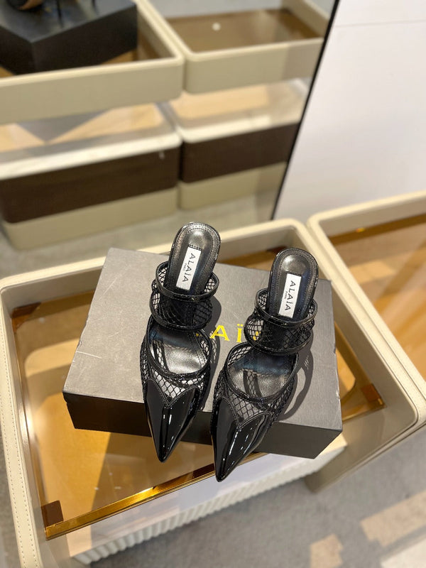 alaia mule 85 fishnet black heart lambskin