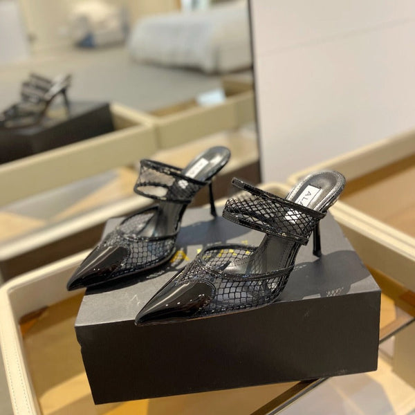 alaia mule 85 fishnet cuore nero pelle di agnello