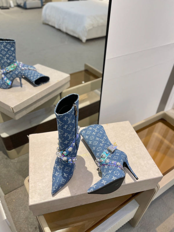 LV Ankle Boots 100mm Blue Monogram Jacquard Fabric