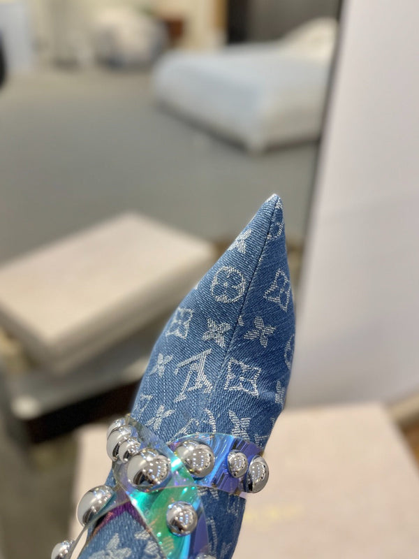 LV Ankle Boots 100mm Blue Monogram Jacquard Fabric