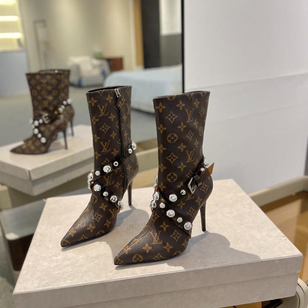 LV Ankle Boots 100mm Dark Brown Monogram Lambskin