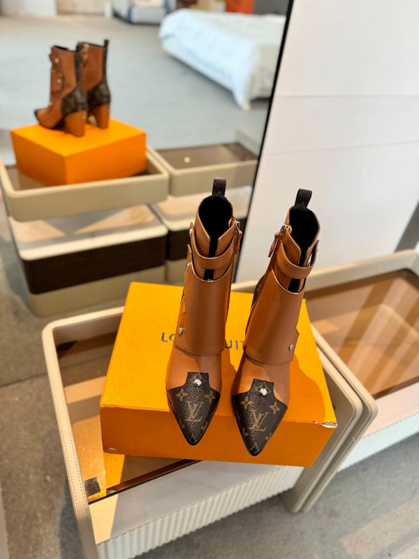 Stivaletto LV Trinity 75mm in pelle di vitello monogrammata arancione marrone