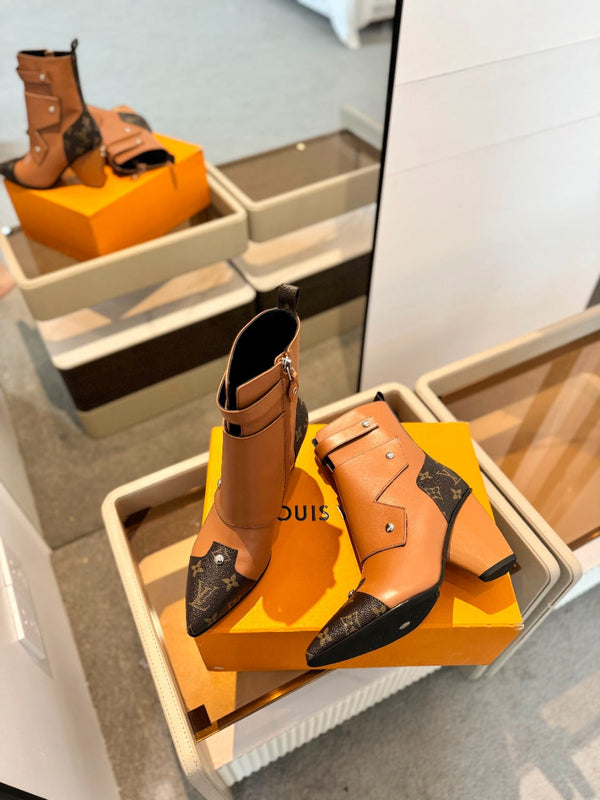 Stivaletto LV Trinity 75mm in pelle di vitello monogrammata arancione marrone