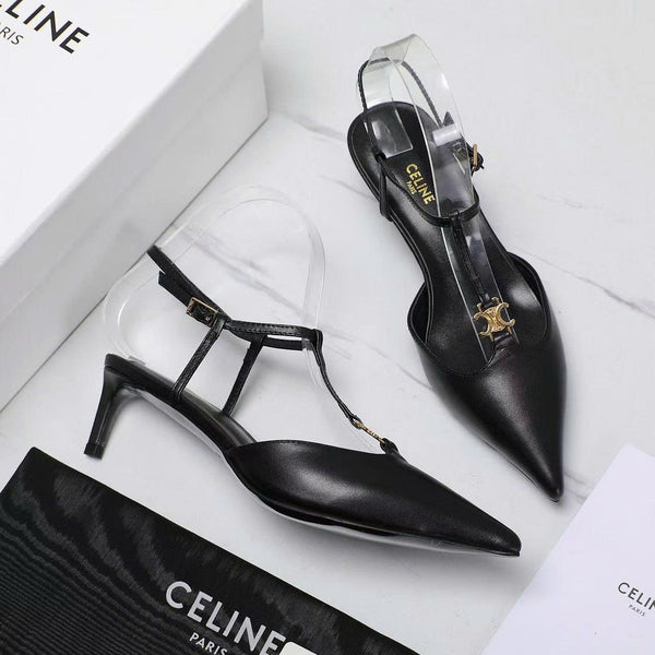 Cel 5Cm High Slingbacks in Black Gold Logo Calfskin