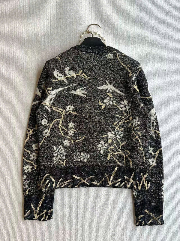 CC Sweater in Navy Blue Gold Wool and Metal Film