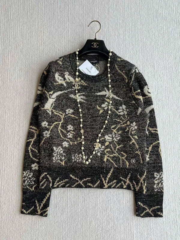 CC Sweater in Navy Blue Gold Wool and Metal Film