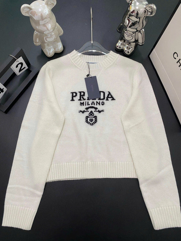 Prad Logo Crew-Neck Cropped Sweater in Cashmere