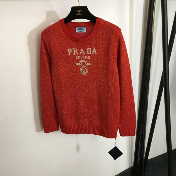 Prad Logo Crew-Neck  Sweater in Bright Silk Blend Wool