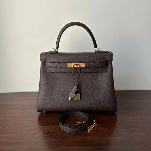 HM Kelly 25cm Chocolate Togo Leather Gold Hardware