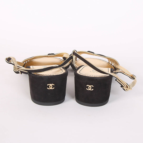 CC Strappy Low Heel Sandals 35mm Black Gold Metallic Suede