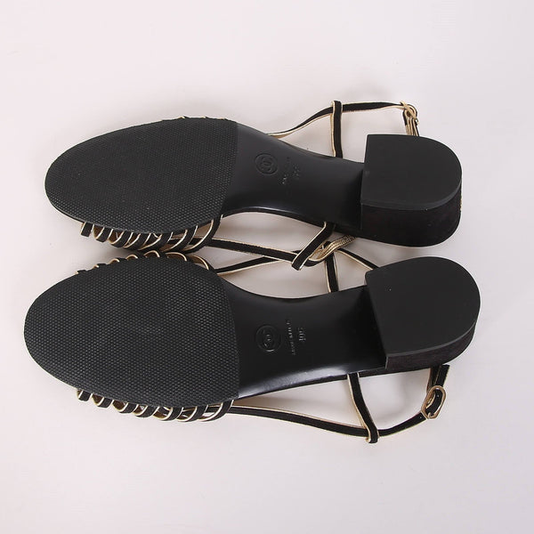 CC Strappy Low Heel Sandals 35mm Black Gold Metallic Suede