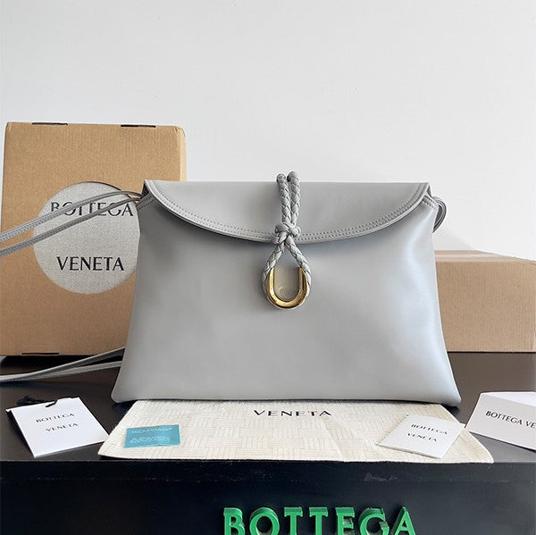 BV Liberta Crossbody Bag Buckle 30cm Silver Gray Cowhide