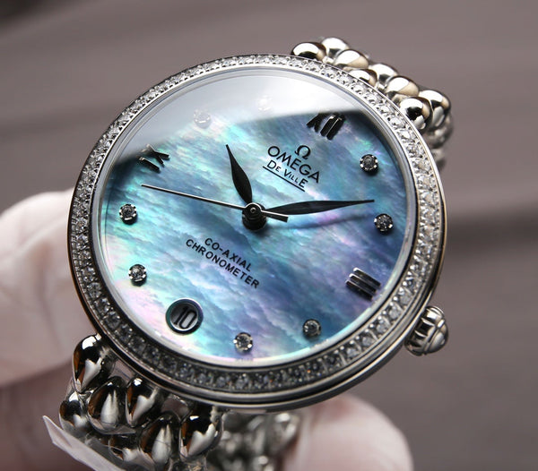 DEVILLE PRESTIGE 32MM STEEL DIAMOND BEZEL BLUE MOP DIAL