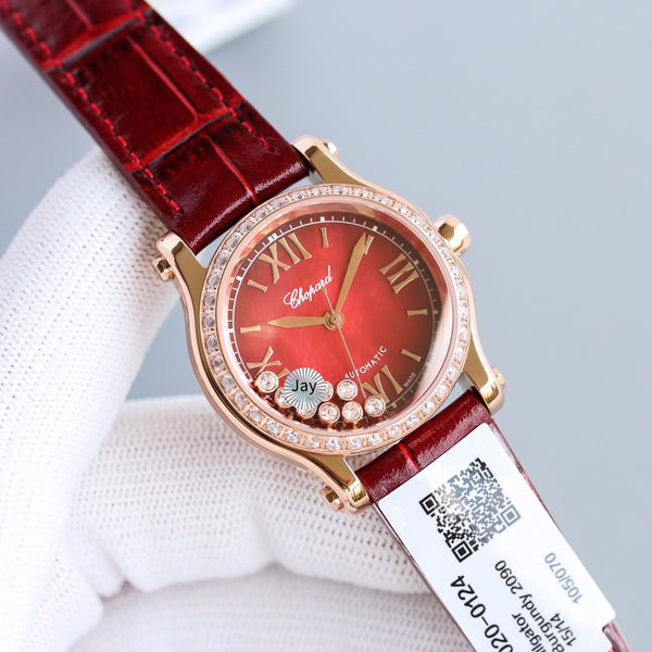 HAPPY SPORT 36MM AUTOMATIC ROSE GOLD DIAMOND BEZELRED DIAL