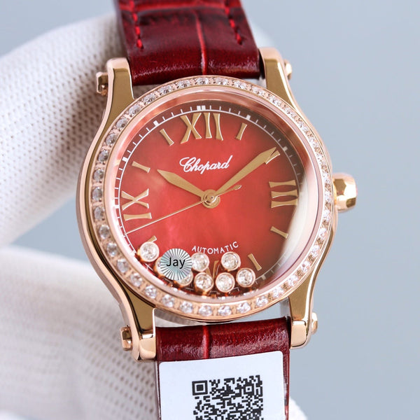 HAPPY SPORT 36MM AUTOMATIC ROSE GOLD DIAMOND BEZELRED DIAL