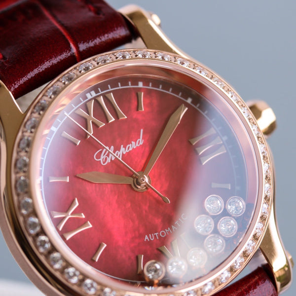 HAPPY SPORT 36MM AUTOMATIC ROSE GOLD DIAMOND BEZELRED DIAL